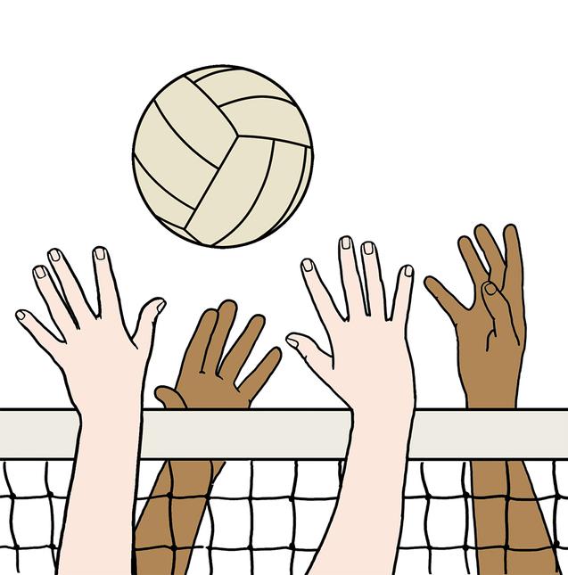 Hände greifen nach einem Volleybal über einem Netz in einem Volleyballspiel.